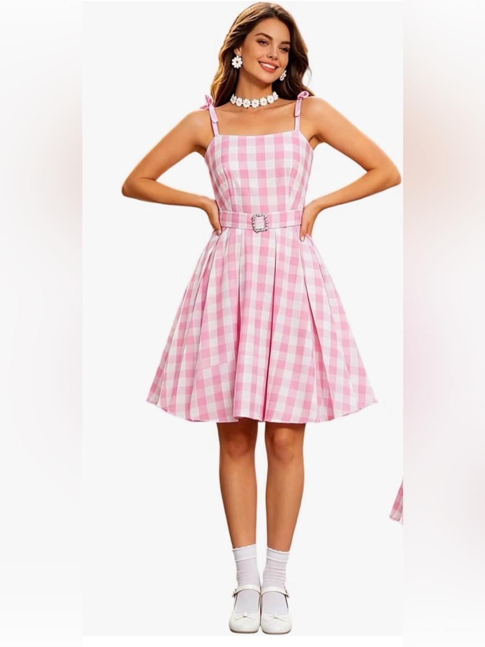 Women Pink White Gingham Spaghetti Strap Dress Halloween Costume